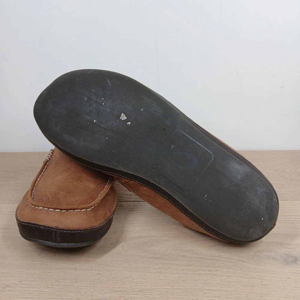 Olukai Moloa Slippers Men 12 Brown Leather Shearling Lined Moc Toe Comfort